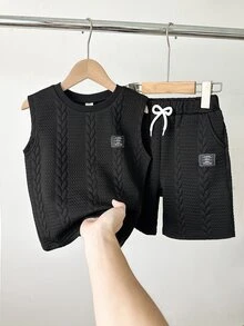 SHEIN 男童提花背心短裤套装，黑色图案正面，舒适针织面料，休闲度假通勤风格 - 黑色 - 查看 3