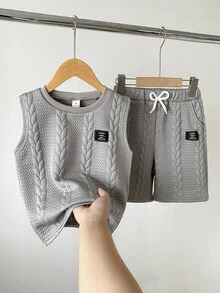 SHEIN 男童提花背心短裤套装，黑色图案正面，舒适针织面料，休闲度假通勤风格 - 深灰色 - 查看 3