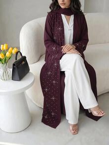 Yasmyna 女款水鑽長袖寬鬆長版阿拉伯式長袍 - 酒紅色 - 查看 4