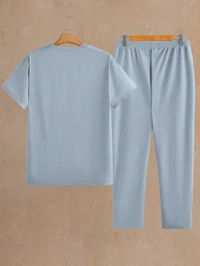 Mainfolk Men's Casual Patched Short Sleeve T-Shirt And Pants 2 Pcs Set, Summer Fashion Stripe Top And Bottom Set For Vacation, Commuting, Father's Day Gifts, Football - Baby Blue - View 2