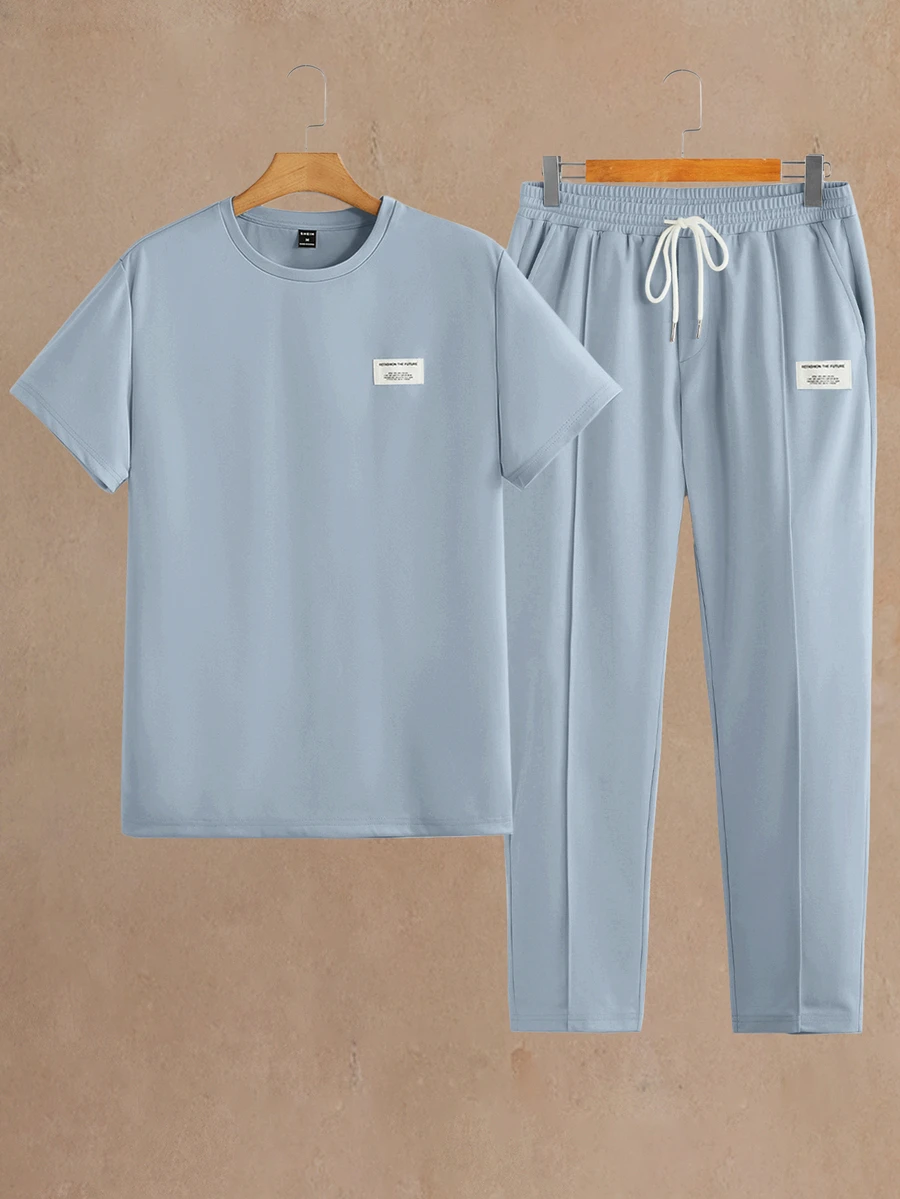 Mainfolk Men's Casual Patched Short Sleeve T-Shirt And Pants 2 Pcs Set, Summer Fashion Stripe Top And Bottom Set For Vacation, Commuting, Father's Day Gifts, Football - Baby Blue - View 1
