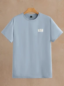 Mainfolk Men's Casual Patched Short Sleeve T-Shirt And Pants 2 Pcs Set, Summer Fashion Stripe Top And Bottom Set For Vacation, Commuting, Father's Day Gifts, Football - Baby Blue - View 3