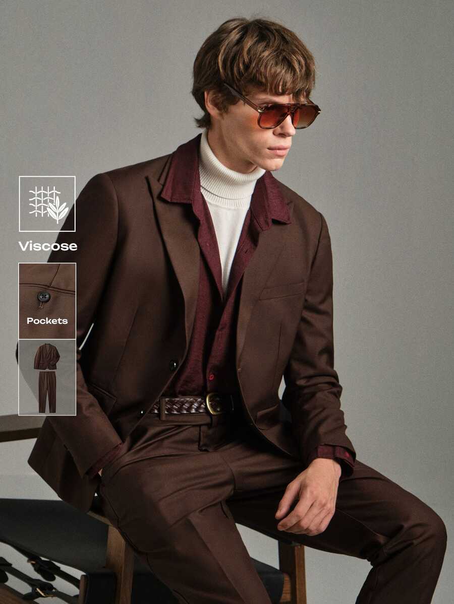 Calmiston Men 1pc Peak Collar Blazer & 1pc Formal Suit Pants, Old Money Style, Ceremony - Coffee Brown - View 1