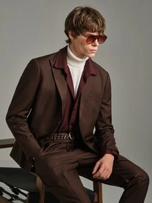 Calmiston Men 1pc Peak Collar Blazer & 1pc Formal Suit Pants, Old Money Style, Ceremony - Coffee Brown - View 11