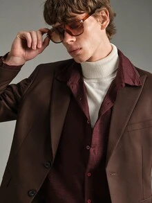 Calmiston Men 1pc Peak Collar Blazer & 1pc Formal Suit Pants, Old Money Style, Ceremony - Coffee Brown - View 3