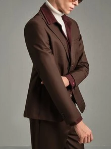 Calmiston Men 1pc Peak Collar Blazer & 1pc Formal Suit Pants, Old Money Style, Ceremony - Coffee Brown - View 7