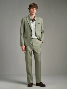 Calmiston 男士純色休閒翻領西裝外套 & 斜口袋長褲正式套裝，老錢風，儀式感 - 綠色 - 查看 4
