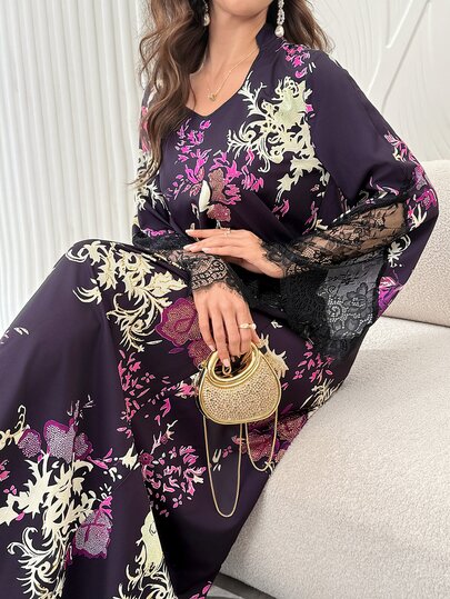 SHEIN Najma Purple Vintage Floral Print Lace Patchwork Cuff Loose Long Stand Collar Elegant Casual Daily Women's Turkish Kaftan Arabic Traditional Long Dress