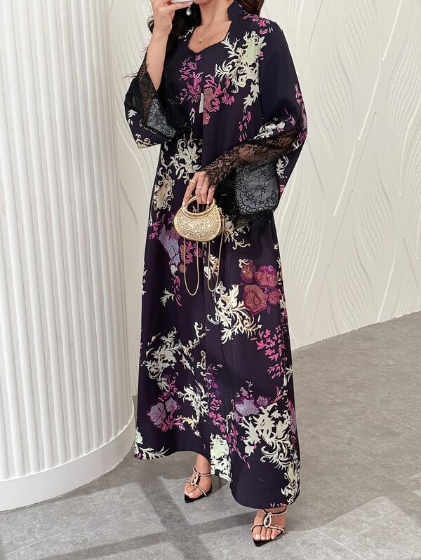 SHEIN Najma Vestido largo tradicional árabe tipo kaftán turco para mujer, elegante y casual para uso diario, color púrpura, estampado floral vintage, patchwork de encaje, puños holgados, cuello alto y manga larga