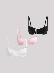 Veilyse 3pcs Solid Color Mesh Underwire Bra, Sexy Comfortable Push-Up Strappy Bra, Women's Lingerie - Multicolor - View 1