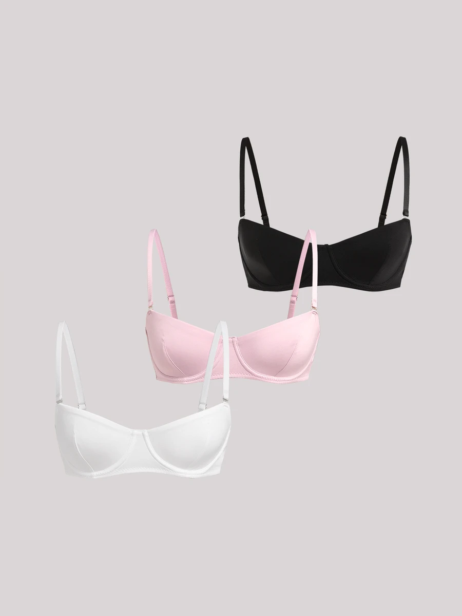 Veilyse 3pcs Solid Color Mesh Underwire Bra, Sexy Comfortable Push-Up Strappy Bra, Women's Lingerie - Multicolor - View 1