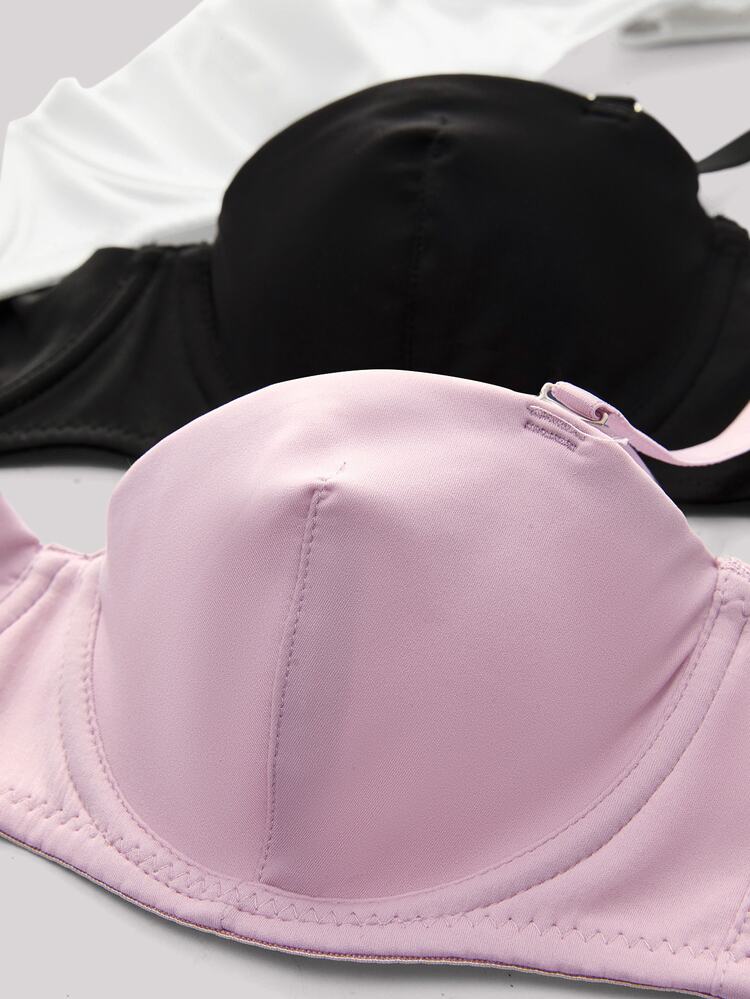 Veilyse 3件組素色網紗鋼圈內衣，性感舒適聚攏式細肩帶胸罩，女用內衣 - 彩色 - 查看 7