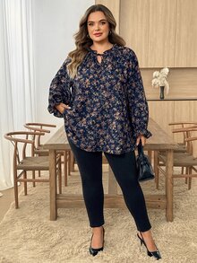 SHEIN CURVE+ Blus Lengan Panjang Berkerah Ruffle Motif Bunga Kecil Elegan untuk Wanita Ukuran Plus, Musim Gugur - MultiWarna - View 5