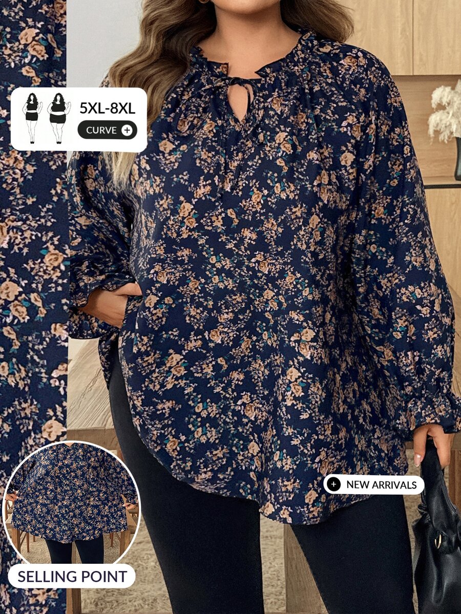 SHEIN CURVE+ Blus Lengan Panjang Berkerah Ruffle Motif Bunga Kecil Elegan untuk Wanita Ukuran Plus, Musim Gugur - MultiWarna - View 1