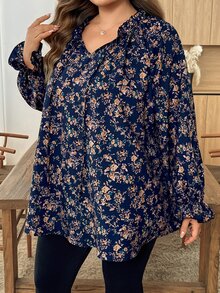 SHEIN CURVE+ Blus Lengan Panjang Berkerah Ruffle Motif Bunga Kecil Elegan untuk Wanita Ukuran Plus, Musim Gugur - MultiWarna - View 6