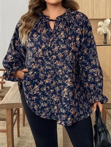 SHEIN CURVE+ Blus Lengan Panjang Berkerah Ruffle Motif Bunga Kecil Elegan untuk Wanita Ukuran Plus, Musim Gugur - MultiWarna - View 4