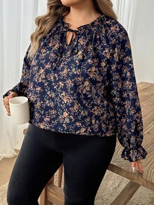 SHEIN CURVE+ Blus Lengan Panjang Berkerah Ruffle Motif Bunga Kecil Elegan untuk Wanita Ukuran Plus, Musim Gugur - MultiWarna - View 9