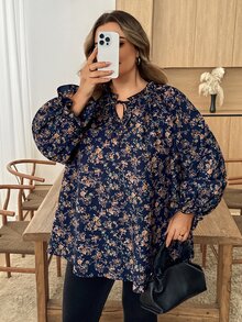 SHEIN CURVE+ Blus Lengan Panjang Berkerah Ruffle Motif Bunga Kecil Elegan untuk Wanita Ukuran Plus, Musim Gugur - MultiWarna - View 7