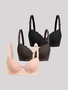 Hourtrue 3 件女士舒适多色性感蕾丝钢圈软杯纯色文胸内衣胸罩 - 彩色 - 查看 1