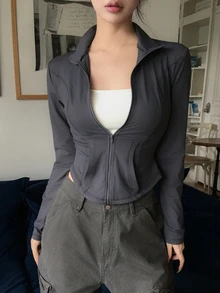 DAZY Sweatshirt Wanita Warna Polos, Potongan Slim Fit, Resleting, Leher Tinggi, Kasual, Streetwear, untuk Liburan Musim Semi dan Gugur - Grey - View 3
