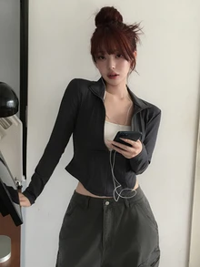 DAZY Sweatshirt Wanita Warna Polos, Potongan Slim Fit, Resleting, Leher Tinggi, Kasual, Streetwear, untuk Liburan Musim Semi dan Gugur - Grey - View 6