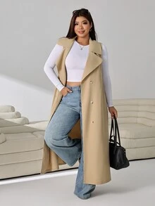 Solflare 杏色休閒女款大尺碼翻領雙排扣無袖風衣外套 秋季 - 杏色 - 查看 7