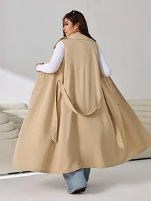 Solflare 杏色休閒女款大尺碼翻領雙排扣無袖風衣外套 秋季 - 杏色 - 查看 3