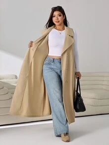 Solflare 杏色休閒女款大尺碼翻領雙排扣無袖風衣外套 秋季 - 杏色 - 查看 8