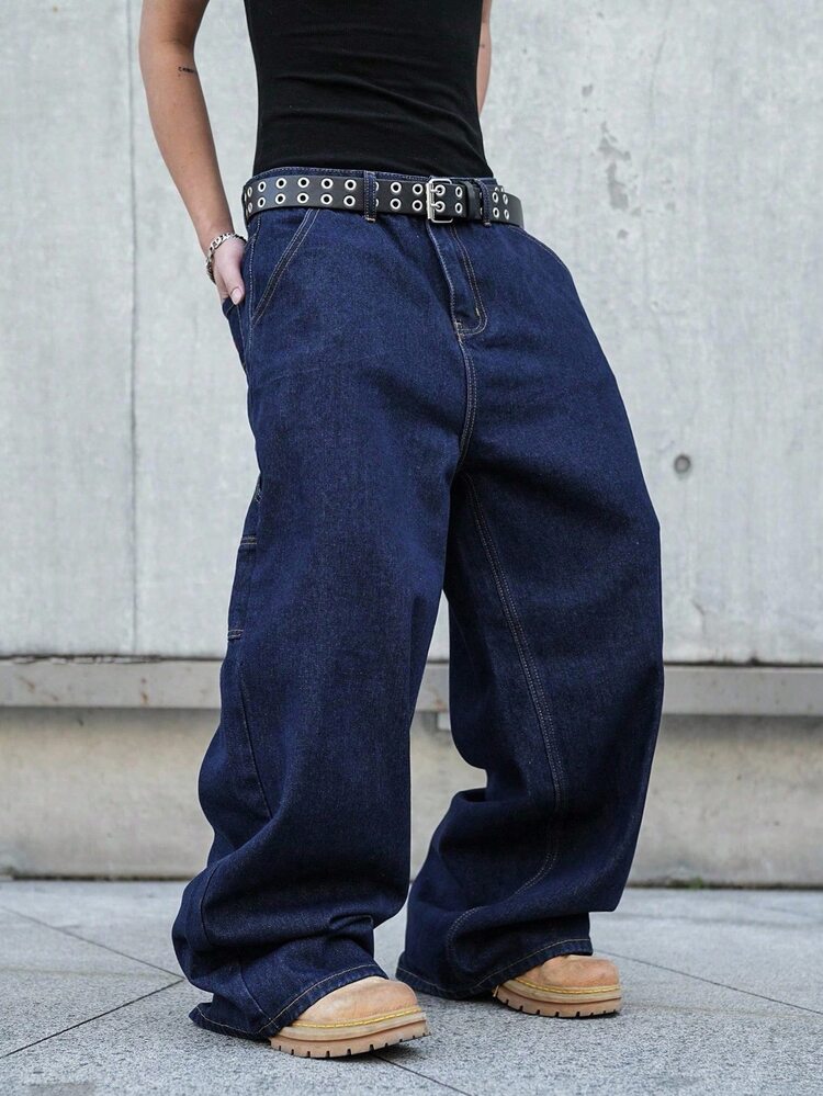 RivetRise Men's Side Pocket Wide Leg Relaxed Fit Denim Overalls Hang Out Street Sport College - Dark Wash - View 7