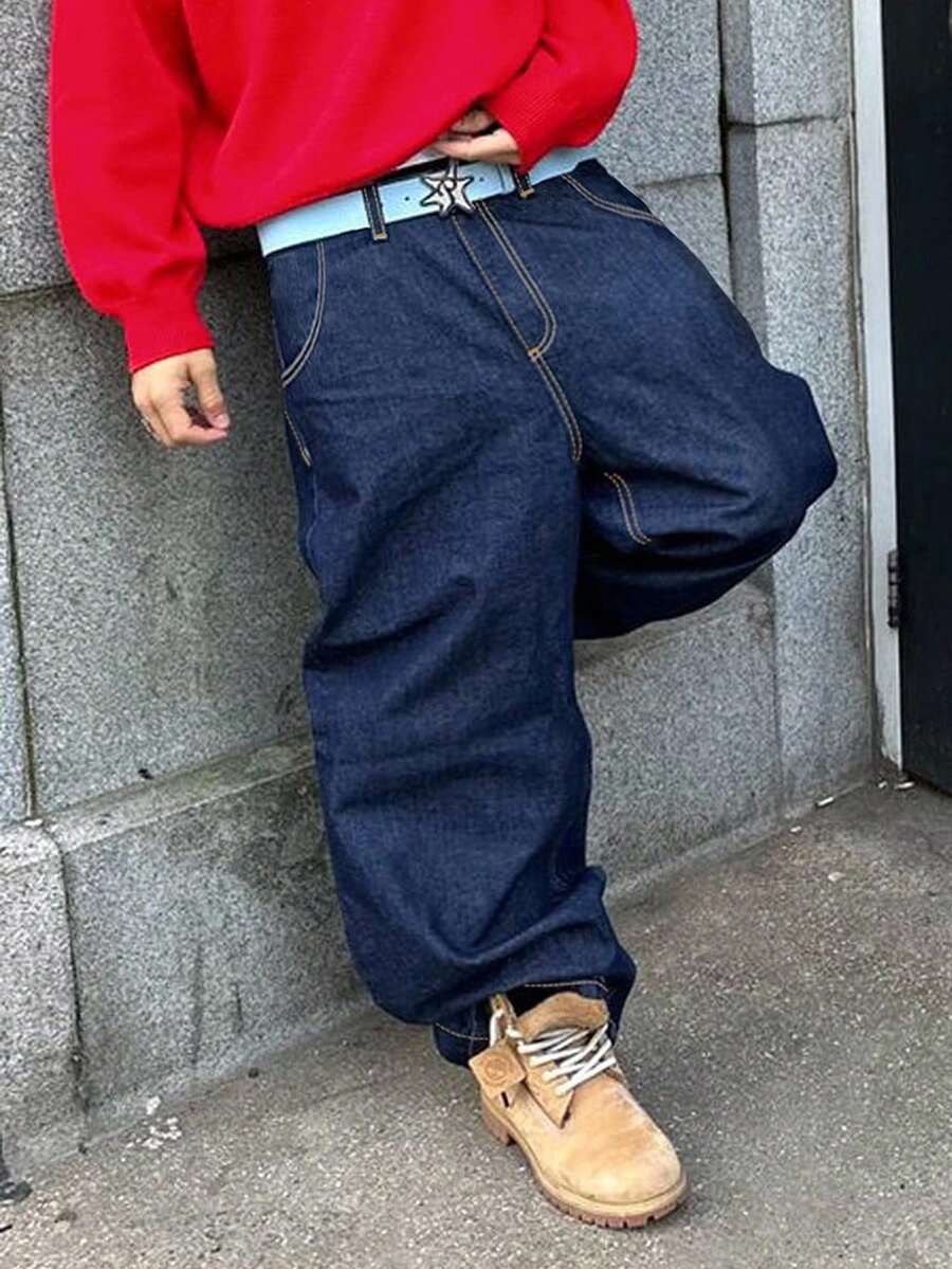 RivetRise 男式侧袋阔腿宽松牛仔工装裤 - 深色水洗藍 - 查看 1