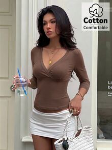 Aloruh Mocha Brown V-Neck 3/4 Sleeve Slimming T-Shirt Cafe Day Time Evening Everyday Autumn Casual - Brown - View 6