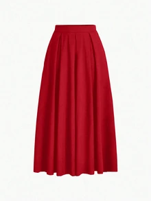 EMERY ROSE Solid Color Elegant Maxi Skirt With Side Pockets For New Year Clothes - Red - View 5