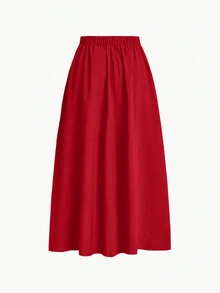 EMERY ROSE Solid Color Elegant Maxi Skirt With Side Pockets For New Year Clothes - Red - View 3