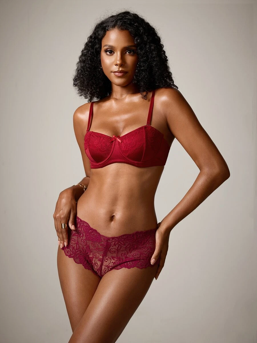 DreamPoppy 3pcs Women's Solid Color Lace Patchwork Sexy Push Up Bra, Lift And Support Small Bust - Multicolor - View 1