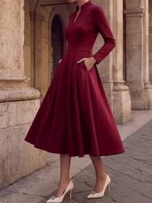 Editum Dresses Elegant, Hepburn-Style Small V-Neck, Voluminous Flared Skirt, Ruched Frenchy Autumn/ Wedding Office - Burgundy - View 7