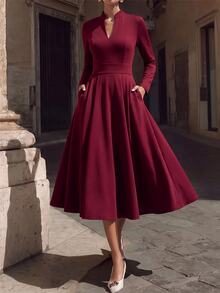 Editum Dresses Elegant, Hepburn-Style Small V-Neck, Voluminous Flared Skirt, Ruched Frenchy Autumn/ Wedding Office - Burgundy - View 5