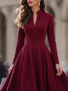Editum Dresses Elegant, Hepburn-Style Small V-Neck, Voluminous Flared Skirt, Ruched Frenchy Autumn/ Wedding Office - Burgundy - View 8