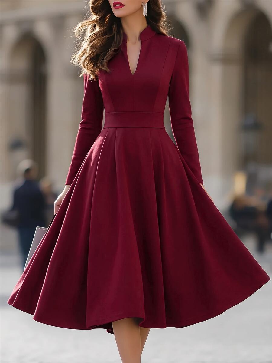 Editum Dresses Elegant, Hepburn-Style Small V-Neck, Voluminous Flared Skirt, Ruched Frenchy Autumn/ Wedding Office - Burgundy - View 1