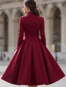 Editum Dresses Elegant, Hepburn-Style Small V-Neck, Voluminous Flared Skirt, Ruched Frenchy Autumn/ Wedding Office - Burgundy - View 4