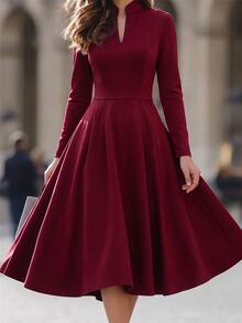 Editum Dresses Elegant, Hepburn-Style Small V-Neck, Voluminous Flared Skirt, Ruched Frenchy Autumn/ Wedding Office - Burgundy - View 11