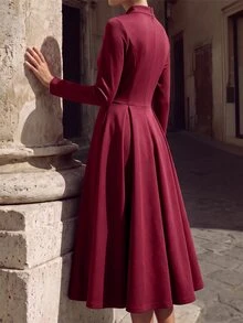 Editum Dresses Elegant, Hepburn-Style Small V-Neck, Voluminous Flared Skirt, Ruched Frenchy Autumn/ Wedding Office - Burgundy - View 2