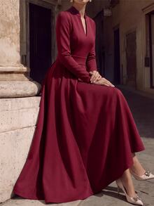 Editum Dresses Elegant, Hepburn-Style Small V-Neck, Voluminous Flared Skirt, Ruched Frenchy Autumn/ Wedding Office - Burgundy - View 3