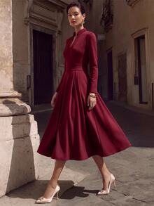 Editum Dresses Elegant, Hepburn-Style Small V-Neck, Voluminous Flared Skirt, Ruched Frenchy Autumn/ Wedding Office - Burgundy - View 10