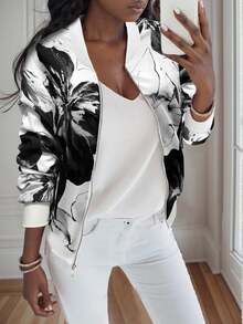 EMERY ROSE Women's Floral Print Long Sleeve Zipper Collar Baseball Jacket Fall Winter Cloth For Women - Black and White - View 2