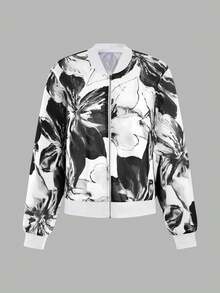 EMERY ROSE Women's Floral Print Long Sleeve Zipper Collar Baseball Jacket Fall Winter Cloth For Women - Black and White - View 4
