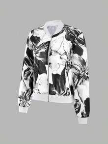 EMERY ROSE Women's Floral Print Long Sleeve Zipper Collar Baseball Jacket Fall Winter Cloth For Women - Black and White - View 5