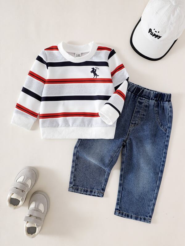 SHEIN Conjunto casual de 2 piezas para bebé niño de 0 a 3 años, sudadera a rayas horizontales en bloques de color con estampado gráfico de caballo, puños acanalados, ajuste cómodo, combinado con pantalones rectos de lavado vintage, ropa versátil y minimalista de moda para uso diario, escuela y salidas
