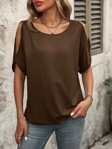 SHEIN Women's Coffee Brown Off-Shoulder Short-Sleeve T-Shirt,Summer Casual Occasion Round Neck Batwing Sleeve Top,Loose Fit Versatile Stylish Top - Brown - View 4