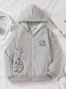 SHEIN 青少年女孩純色熊圖案連帽長袖衛衣 秋季服飾 假日穿搭 校園淺灰色休閒街頭風可愛日系 - 灰色 - 查看 1