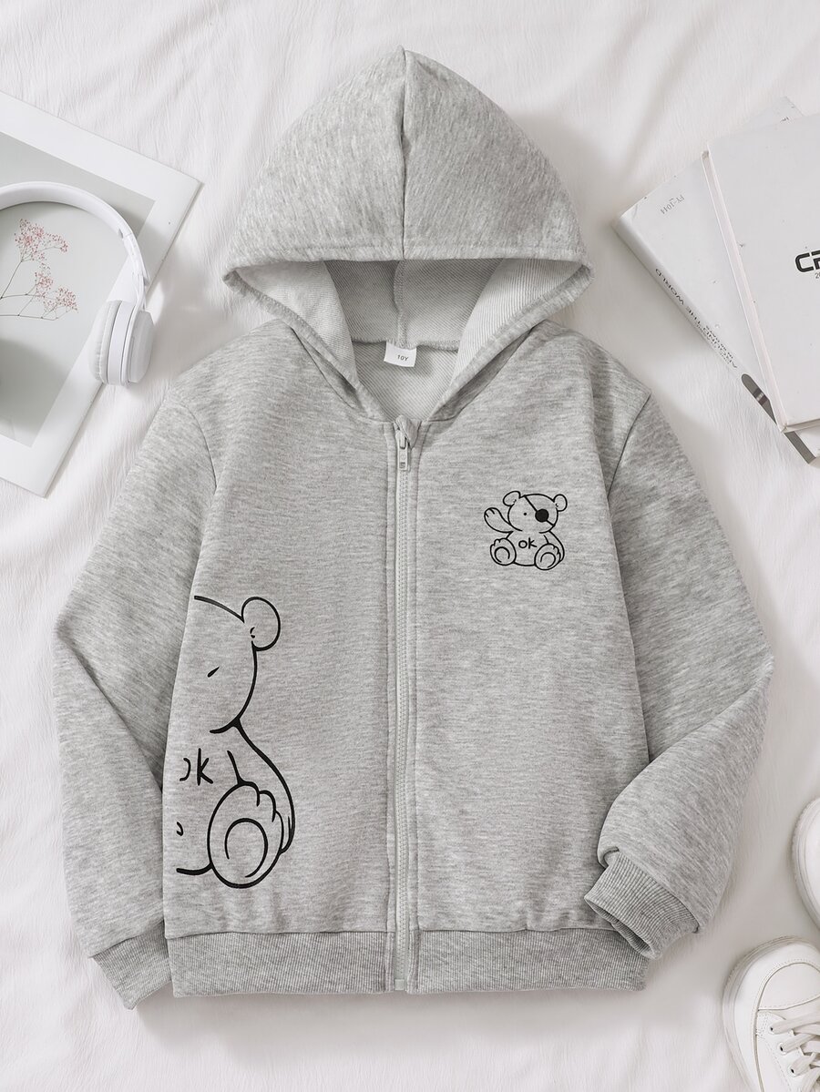 SHEIN 青少年女孩純色熊圖案連帽長袖衛衣 秋季服飾 假日穿搭 校園淺灰色休閒街頭風可愛日系 - 灰色 - 查看 1